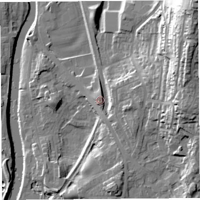 Shaded relief map of the ground around LA97HX, computed from Environment Agency LiDAR. The ground here sits at about 49 m above sea level and falls 53 m across the surrounding 800 m. Surface water reaching this point runs off ground lying to the east, 10.0 m higher.