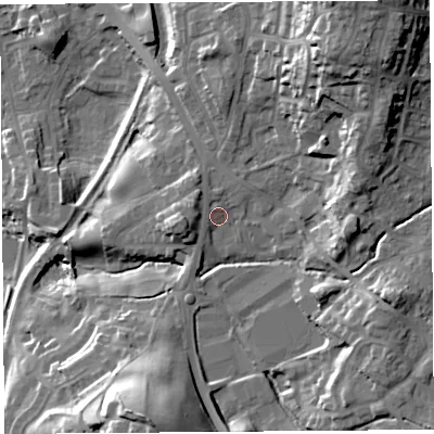 Shaded relief map of the ground around LA97JA, computed from Environment Agency LiDAR. The ground here sits at about 50 m above sea level and falls 32 m across the surrounding 800 m. Surface water reaching this point runs off ground lying to the north-west, 4.1 m higher.