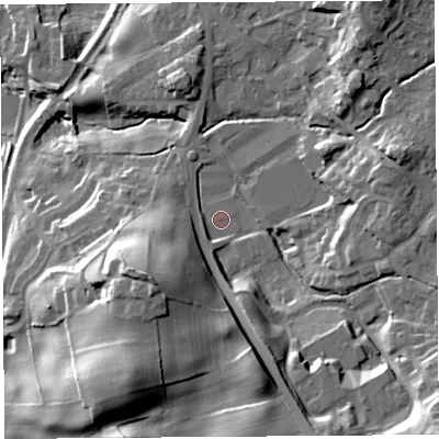 Shaded relief map of the ground around LA97JU, computed from Environment Agency LiDAR. The ground here sits at about 50 m above sea level and falls 34 m across the surrounding 800 m. Surface water reaching this point runs off ground lying to the south-east, 23.7 m higher.