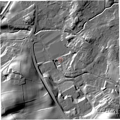 Shaded relief map of the ground around LA97JX, computed from Environment Agency LiDAR. The ground here sits at about 51 m above sea level and falls 44 m across the surrounding 800 m. Surface water reaching this point runs off ground lying to the south-east, 35.3 m higher.