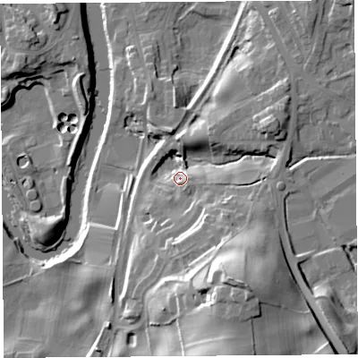 Shaded relief map of the ground around LA97LH, computed from Environment Agency LiDAR. The ground here sits at about 46 m above sea level and falls 35 m across the surrounding 800 m. Surface water reaching this point runs off ground lying to the south-south-east, 26.6 m higher.