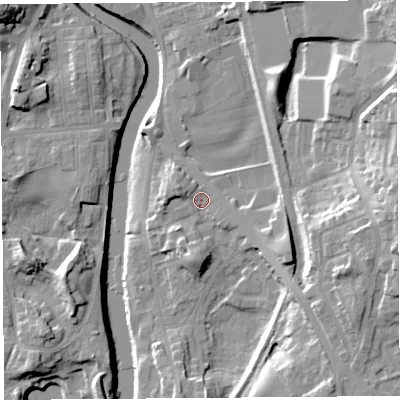 Shaded relief map of the ground around LA97LJ, computed from Environment Agency LiDAR. The ground here sits at about 42 m above sea level and falls 21 m across the surrounding 800 m. Surface water reaching this point runs off ground lying to the west-north-west, 2.1 m higher.