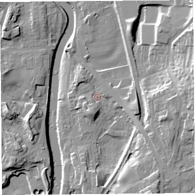 Shaded relief map of the ground around LA97LL, computed from Environment Agency LiDAR. The ground here sits at about 42 m above sea level and falls 22 m across the surrounding 800 m. Surface water reaching this point runs off ground lying to the south-south-west, 5.5 m higher.