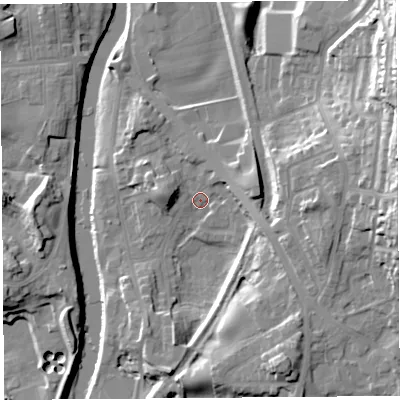 Shaded relief map of the ground around LA97LN, computed from Environment Agency LiDAR. The ground here sits at about 41 m above sea level and falls 32 m across the surrounding 800 m. Surface water reaching this point runs off ground lying to the east-north-east, 22.4 m higher.