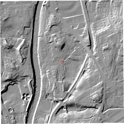 Shaded relief map of the ground around LA97LP, computed from Environment Agency LiDAR. The ground here sits at about 41 m above sea level and falls 22 m across the surrounding 800 m. Surface water reaching this point runs off ground lying to the east, 14.5 m higher.