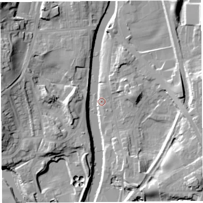 Shaded relief map of the ground around LA97LQ, computed from Environment Agency LiDAR. The ground here sits at about 40 m above sea level and falls 23 m across the surrounding 800 m. Surface water reaching this point runs off ground lying to the east, 4.5 m higher.