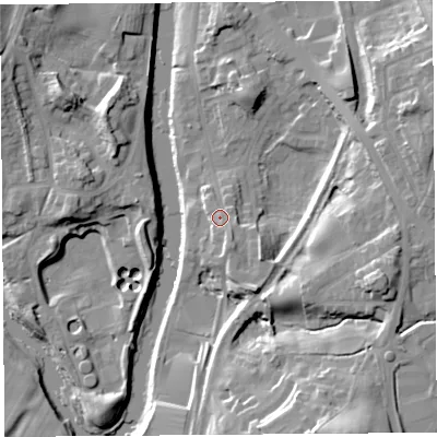 Shaded relief map of the ground around LA97LR, computed from Environment Agency LiDAR. The ground here sits at about 43 m above sea level and falls 25 m across the surrounding 800 m. Surface water reaching this point runs off ground lying to the south-south-east, 2.8 m higher.