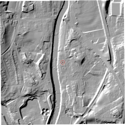 Shaded relief map of the ground around LA97LS, computed from Environment Agency LiDAR. The ground here sits at about 40 m above sea level and falls 20 m across the surrounding 800 m. Surface water reaching this point runs off ground lying to the north-east, 5.2 m higher.