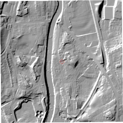 Shaded relief map of the ground around LA97LT, computed from Environment Agency LiDAR. The ground here sits at about 40 m above sea level and falls 20 m across the surrounding 800 m. Surface water reaching this point runs off ground lying to the east-north-east, 5.2 m higher.
