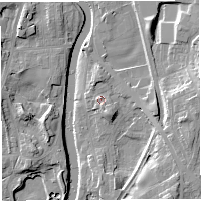 Shaded relief map of the ground around LA97LU, computed from Environment Agency LiDAR. The ground here sits at about 44 m above sea level and falls 19 m across the surrounding 800 m. Surface water reaching this point runs off ground lying to the south-south-east, 3.7 m higher.