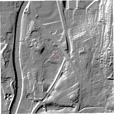 Shaded relief map of the ground around LA97LW, computed from Environment Agency LiDAR. The ground here sits at about 42 m above sea level and falls 41 m across the surrounding 800 m. Surface water reaching this point runs off ground lying to the south-east, 11.4 m higher.