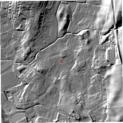 Shaded relief map of the ground around LA97LY, computed from Environment Agency LiDAR. The ground here sits at about 57 m above sea level and falls 48 m across the surrounding 800 m. Surface water reaching this point runs off ground lying to the east, 32.2 m higher.