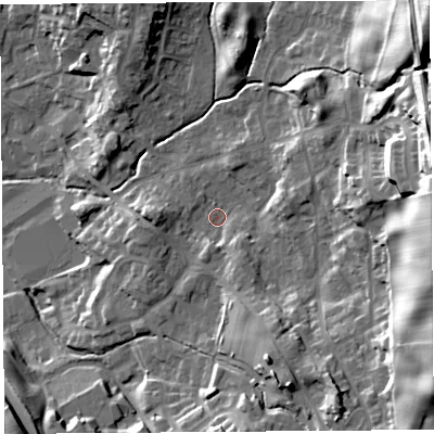 Shaded relief map of the ground around LA97LZ, computed from Environment Agency LiDAR. The ground here sits at about 56 m above sea level and falls 41 m across the surrounding 800 m. Surface water reaching this point runs off ground lying to the east, 28.9 m higher.