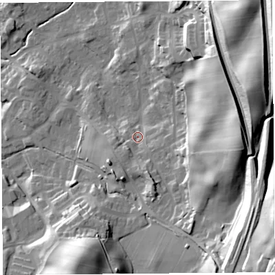 Shaded relief map of the ground around LA97ND, computed from Environment Agency LiDAR. The ground here sits at about 62 m above sea level and falls 51 m across the surrounding 800 m. Surface water reaching this point runs off ground lying to the south-south-east, 8.7 m higher.