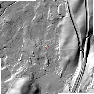 Shaded relief map of the ground around LA97NF, computed from Environment Agency LiDAR. The ground here sits at about 64 m above sea level and falls 60 m across the surrounding 800 m. Surface water reaching this point runs off ground lying to the south, 4.5 m higher.