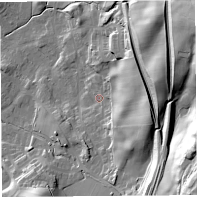 Shaded relief map of the ground around LA97NT, computed from Environment Agency LiDAR. The ground here sits at about 63 m above sea level and falls 70 m across the surrounding 800 m. Surface water reaching this point runs off ground lying to the east-north-east, 28.7 m higher.
