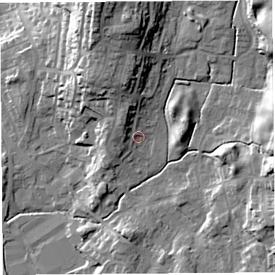 Shaded relief map of the ground around LA97PE, computed from Environment Agency LiDAR. The ground here sits at about 58 m above sea level and falls 33 m across the surrounding 800 m. Surface water reaching this point runs off ground lying to the north-north-west, 6.0 m higher.