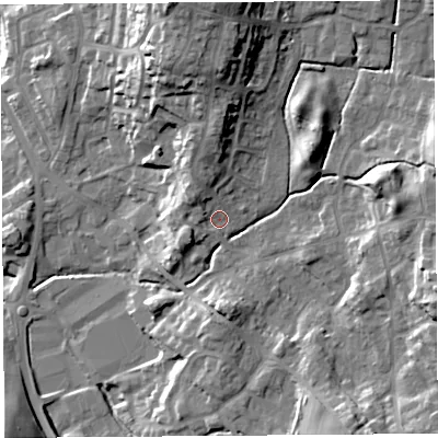 Shaded relief map of the ground around LA97PJ, computed from Environment Agency LiDAR. The ground here sits at about 56 m above sea level and falls 27 m across the surrounding 800 m. Surface water reaching this point runs off ground lying to the north-west, 3.9 m higher.