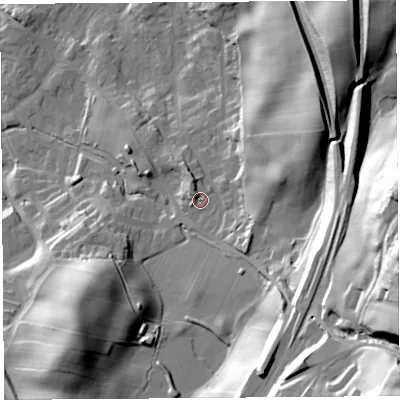 Shaded relief map of the ground around LA97PY, computed from Environment Agency LiDAR. The ground here sits at about 68 m above sea level and falls 72 m across the surrounding 800 m. Surface water reaching this point runs off ground lying to the north-west, 2.7 m higher.