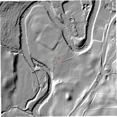Shaded relief map of the ground around LA97QB, computed from Environment Agency LiDAR. The ground here sits at about 38 m above sea level and falls 29 m across the surrounding 800 m. Surface water reaching this point runs off ground lying to the north-east, 0.7 m higher.