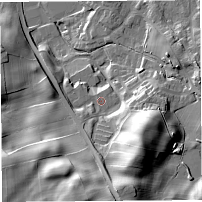 Shaded relief map of the ground around LA97RG, computed from Environment Agency LiDAR. The ground here sits at about 60 m above sea level and falls 41 m across the surrounding 800 m. Surface water reaching this point runs off ground lying to the south-west, 4.0 m higher.