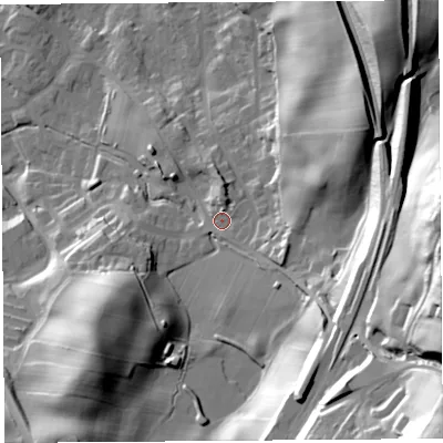Shaded relief map of the ground around LA97RH, computed from Environment Agency LiDAR. The ground here sits at about 68 m above sea level and falls 73 m across the surrounding 800 m. Surface water reaching this point runs off ground lying to the north-east, 35.0 m higher.