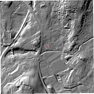 Shaded relief map of the ground around LA97RL, computed from Environment Agency LiDAR. The ground here sits at about 50 m above sea level and falls 31 m across the surrounding 800 m. Surface water reaching this point runs off ground lying to the north-east, 1.6 m higher.