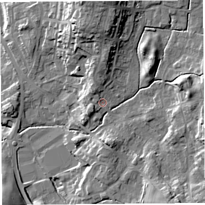 Shaded relief map of the ground around LA97RN, computed from Environment Agency LiDAR. The ground here sits at about 56 m above sea level and falls 26 m across the surrounding 800 m. Surface water reaching this point runs off ground lying to the north-north-west, 3.8 m higher.
