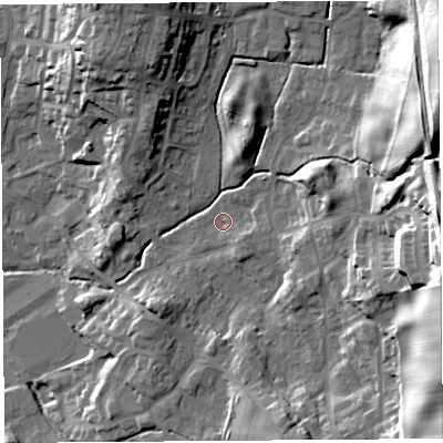 Shaded relief map of the ground around LA97RP, computed from Environment Agency LiDAR. The ground here sits at about 56 m above sea level and falls 42 m across the surrounding 800 m. Surface water reaching this point runs off ground lying to the east-south-east, 28.7 m higher.
