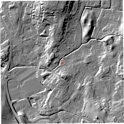 Shaded relief map of the ground around LA97RR, computed from Environment Agency LiDAR. The ground here sits at about 56 m above sea level and falls 24 m across the surrounding 800 m. Surface water reaching this point runs off ground lying to the south-east, 15.7 m higher.