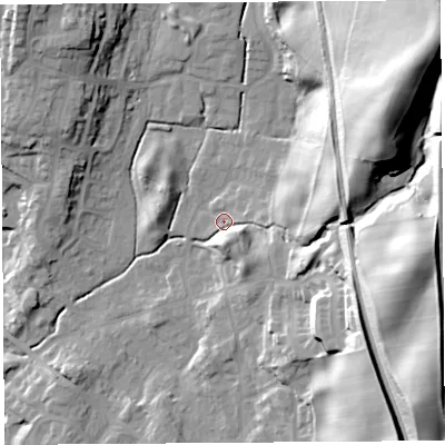 Shaded relief map of the ground around LA97SJ, computed from Environment Agency LiDAR. The ground here sits at about 59 m above sea level and falls 56 m across the surrounding 800 m. Surface water reaching this point runs off ground lying to the north-east, 48.6 m higher.