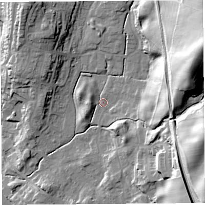 Shaded relief map of the ground around LA97SL, computed from Environment Agency LiDAR. The ground here sits at about 58 m above sea level and falls 57 m across the surrounding 800 m. Surface water reaching this point runs off ground lying to the east-south-east, 42.4 m higher.