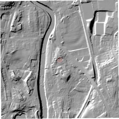 Shaded relief map of the ground around LA97SU, computed from Environment Agency LiDAR. The ground here sits at about 42 m above sea level and falls 19 m across the surrounding 800 m. Surface water reaching this point runs off ground lying to the north-north-east, 2.8 m higher.