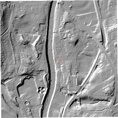 Shaded relief map of the ground around LA97SX, computed from Environment Agency LiDAR. The ground here sits at about 40 m above sea level and falls 20 m across the surrounding 800 m. Surface water reaching this point runs off ground lying to the south-south-east, 2.8 m higher.