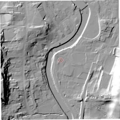 Shaded relief map of the ground around LA97SY, computed from Environment Agency LiDAR. The ground here sits at about 43 m above sea level and falls 40 m across the surrounding 800 m. Surface water reaching this point runs off ground lying to the north-north-west, 1.1 m higher.