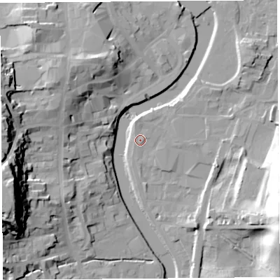 Shaded relief map of the ground around LA97SZ, computed from Environment Agency LiDAR. The ground here sits at about 43 m above sea level and falls 40 m across the surrounding 800 m. Surface water reaching this point runs off ground lying to the north, 1.4 m higher.