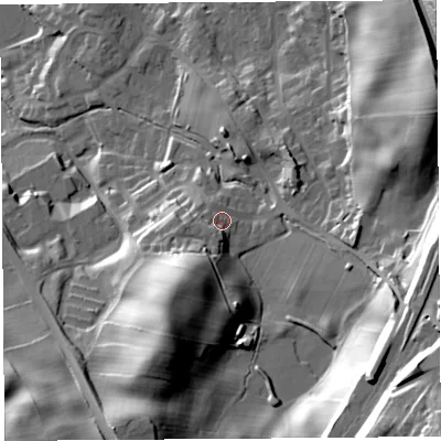 Shaded relief map of the ground around LA97TA, computed from Environment Agency LiDAR. The ground here sits at about 67 m above sea level and falls 57 m across the surrounding 800 m. Surface water reaching this point runs off ground lying to the south-south-west, 18.5 m higher.