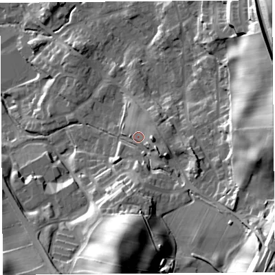 Shaded relief map of the ground around LA97TF, computed from Environment Agency LiDAR. The ground here sits at about 62 m above sea level and falls 45 m across the surrounding 800 m. Surface water reaching this point runs off ground lying to the south-east, 30.5 m higher.