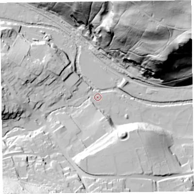 Shaded relief map of the ground around LD71DT, computed from Environment Agency LiDAR. The ground here sits at about 168 m above sea level and falls 129 m across the surrounding 800 m. Surface water reaching this point runs off ground lying to the south-west, 70.6 m higher.