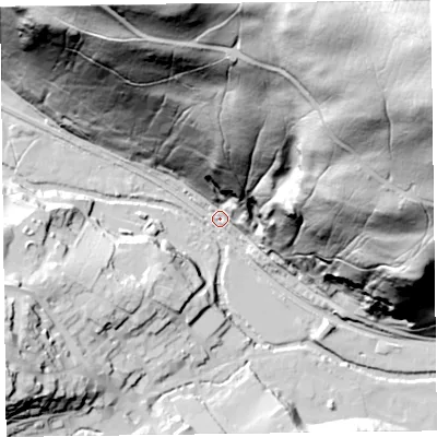 Shaded relief map of the ground around LD71EA, computed from Environment Agency LiDAR. The ground here sits at about 170 m above sea level and falls 162 m across the surrounding 800 m. Surface water reaching this point runs off ground lying to the north, 157.3 m higher.