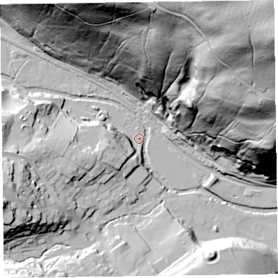 Shaded relief map of the ground around LD71EE, computed from Environment Agency LiDAR. The ground here sits at about 169 m above sea level and falls 152 m across the surrounding 800 m. Surface water reaching this point runs off ground lying to the north, 129.9 m higher.