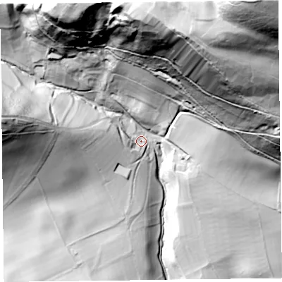 Shaded relief map of the ground around LD71NB, computed from Environment Agency LiDAR. The ground here sits at about 189 m above sea level and falls 209 m across the surrounding 800 m. Surface water reaching this point runs off ground lying to the north-north-east, 165.3 m higher.