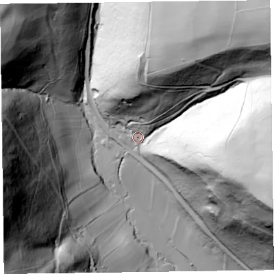 Shaded relief map of the ground around LD71NE, computed from Environment Agency LiDAR. The ground here sits at about 242 m above sea level and falls 162 m across the surrounding 800 m. Surface water reaching this point runs off ground lying to the east-south-east, 128.5 m higher.