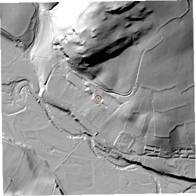 Shaded relief map of the ground around LD71TU, computed from Environment Agency LiDAR. The ground here sits at about 224 m above sea level and falls 110 m across the surrounding 800 m. Surface water reaching this point runs off ground lying to the north-north-east, 88.4 m higher.