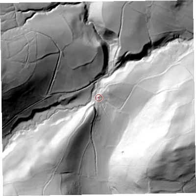 Shaded relief map of the ground around LD71TY, computed from Environment Agency LiDAR. The ground here sits at about 252 m above sea level and falls 120 m across the surrounding 800 m. Surface water reaching this point runs off ground lying to the east-south-east, 109.3 m higher.