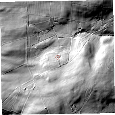 Shaded relief map of the ground around LD71UD, computed from Environment Agency LiDAR. The ground here sits at about 383 m above sea level and falls 51 m across the surrounding 800 m. Surface water reaching this point runs off ground lying to the south-south-west, 4.9 m higher.