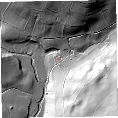 Shaded relief map of the ground around LD71UE, computed from Environment Agency LiDAR. The ground here sits at about 251 m above sea level and falls 130 m across the surrounding 800 m. Surface water reaching this point runs off ground lying to the south-east, 80.1 m higher.
