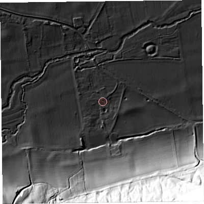 Shaded relief map of the ground around LD82HL, computed from Environment Agency LiDAR. The ground here sits at about 133 m above sea level and falls 99 m across the surrounding 800 m. Surface water reaching this point runs off ground lying to the south, 1.7 m higher.