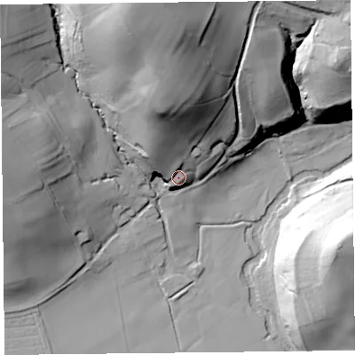 Shaded relief map of the ground around LD82HP, computed from Environment Agency LiDAR. The ground here sits at about 139 m above sea level and falls 68 m across the surrounding 800 m. Surface water reaching this point runs off ground lying to the north-north-west, 31.7 m higher.