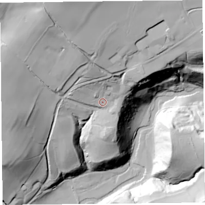 Shaded relief map of the ground around LD82HR, computed from Environment Agency LiDAR. The ground here sits at about 166 m above sea level and falls 88 m across the surrounding 800 m. Surface water reaching this point runs off ground lying to the north, 15.4 m higher.